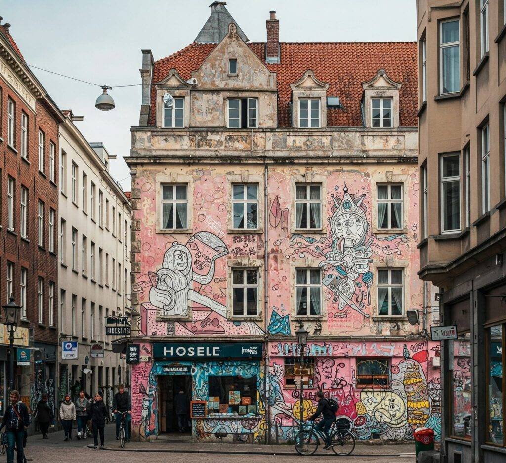Vibrant street art near a European hostel