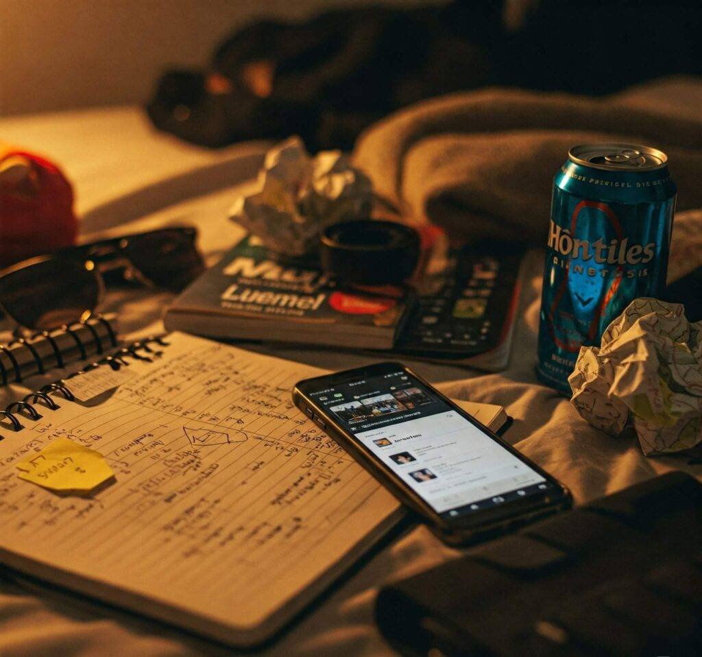 Hostel booking gear on a bed including a notebook