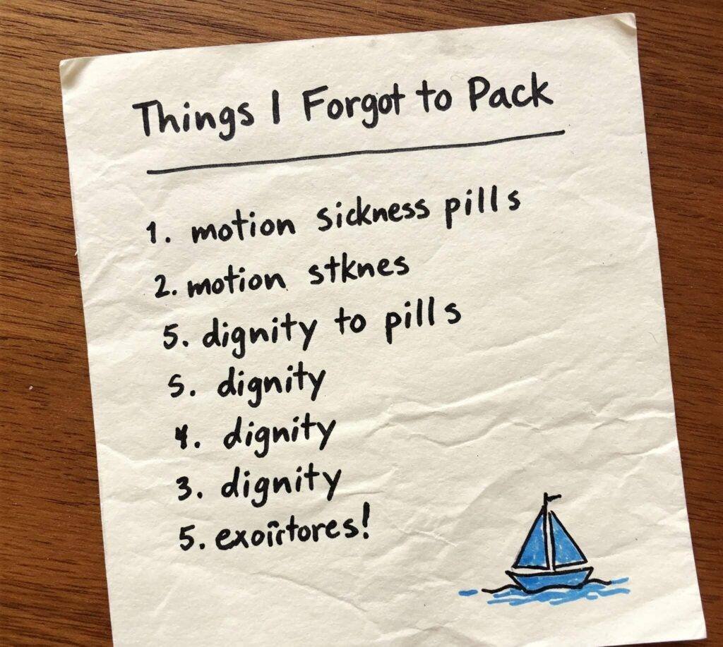 Luxury cruise napkin list: forgotten items & ship doodle.