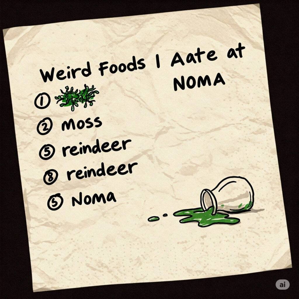 Noma weird foods list on napkin.