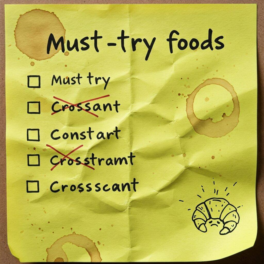 Crumpled sticky note with food list & sad croissant