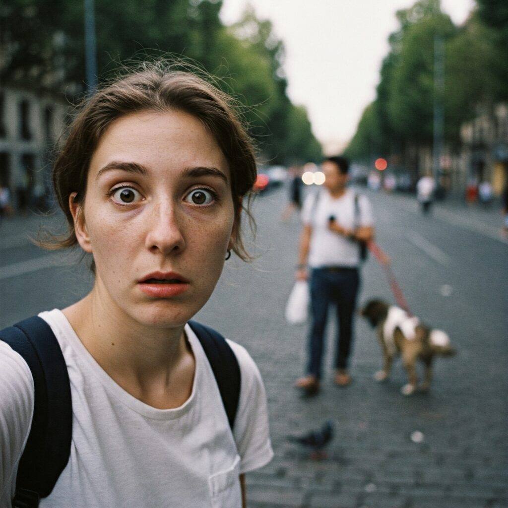 Slightly embarrassed tourist selfie, funny background