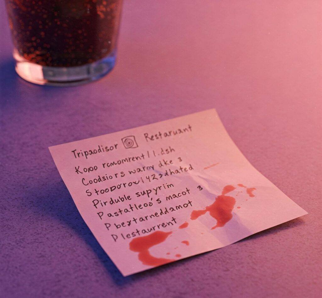 Sticky note on diner table: Tripadvisor restaurant list