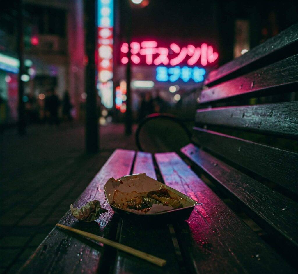 Bento box on Shinjuku bench at night.