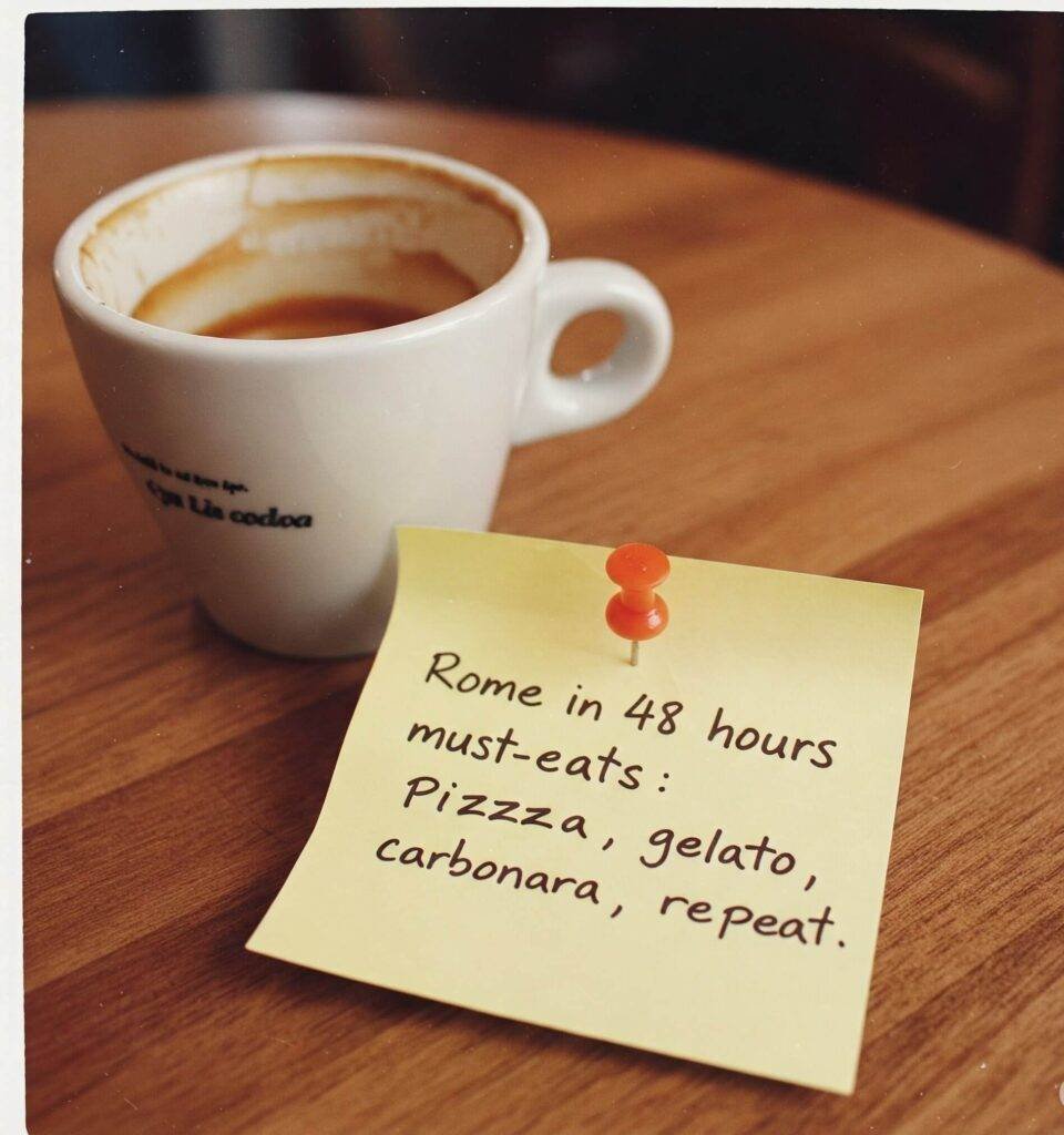 Rome food list on sticky note with espresso.