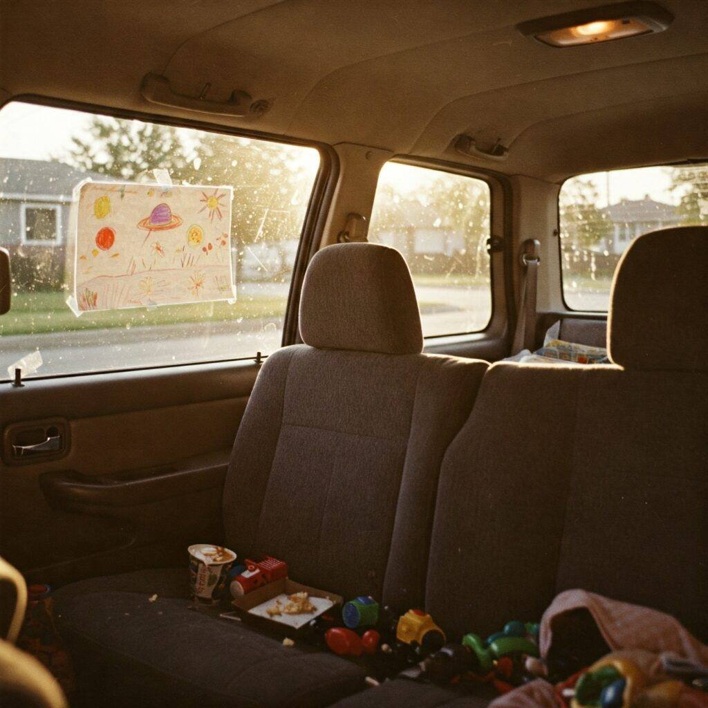 Minivan interior with kid's drawing and crumbs, road trip travel.