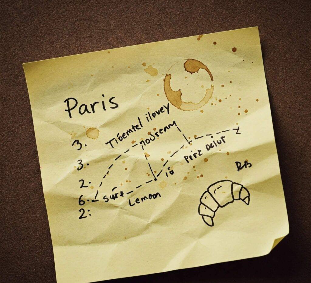 Crumpled sticky note: Paris itinerary with coffee stain.