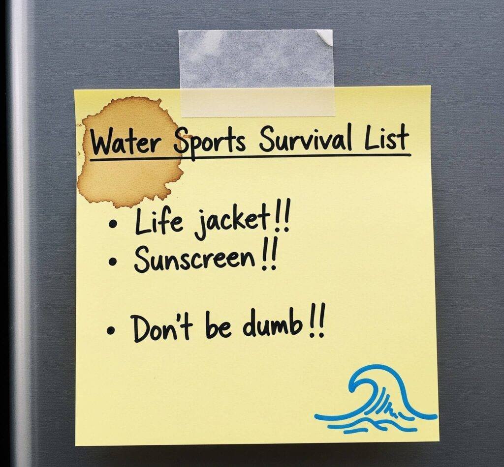 Coffee-stained sticky note: Water sports survival list.