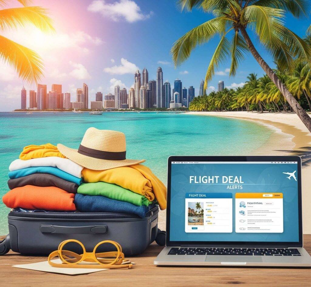 Packed suitcase and laptop: Flight deal alerts.
