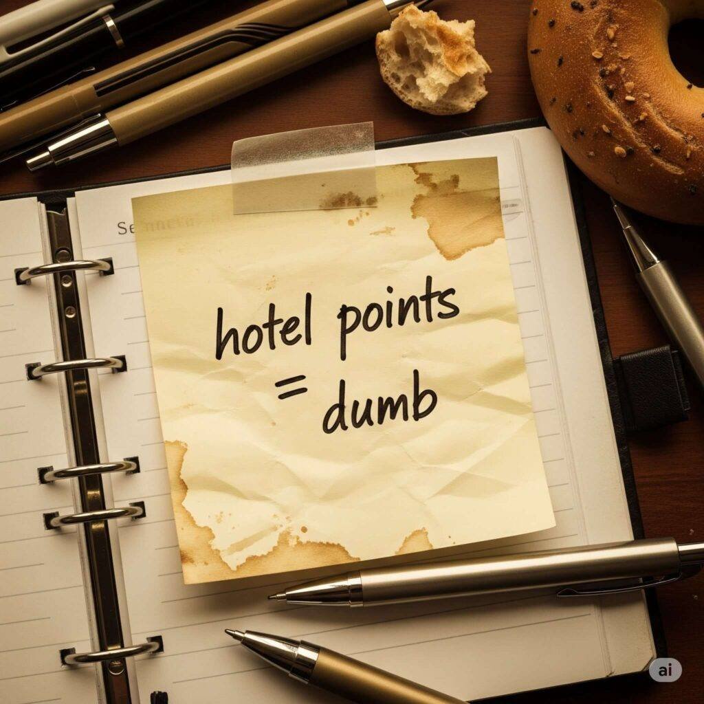 Crumpled sticky note: Hotel points regret.