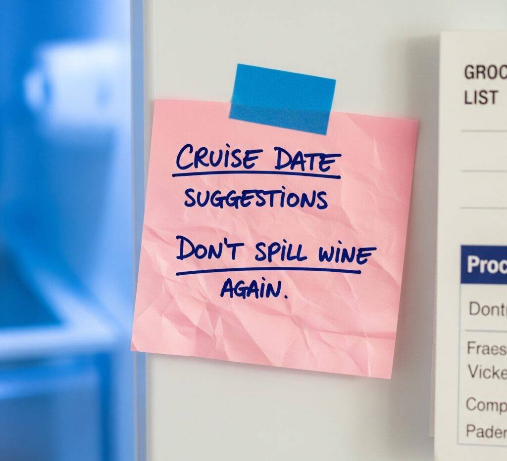 Wine-stained cruise date idea sticky note on fridge