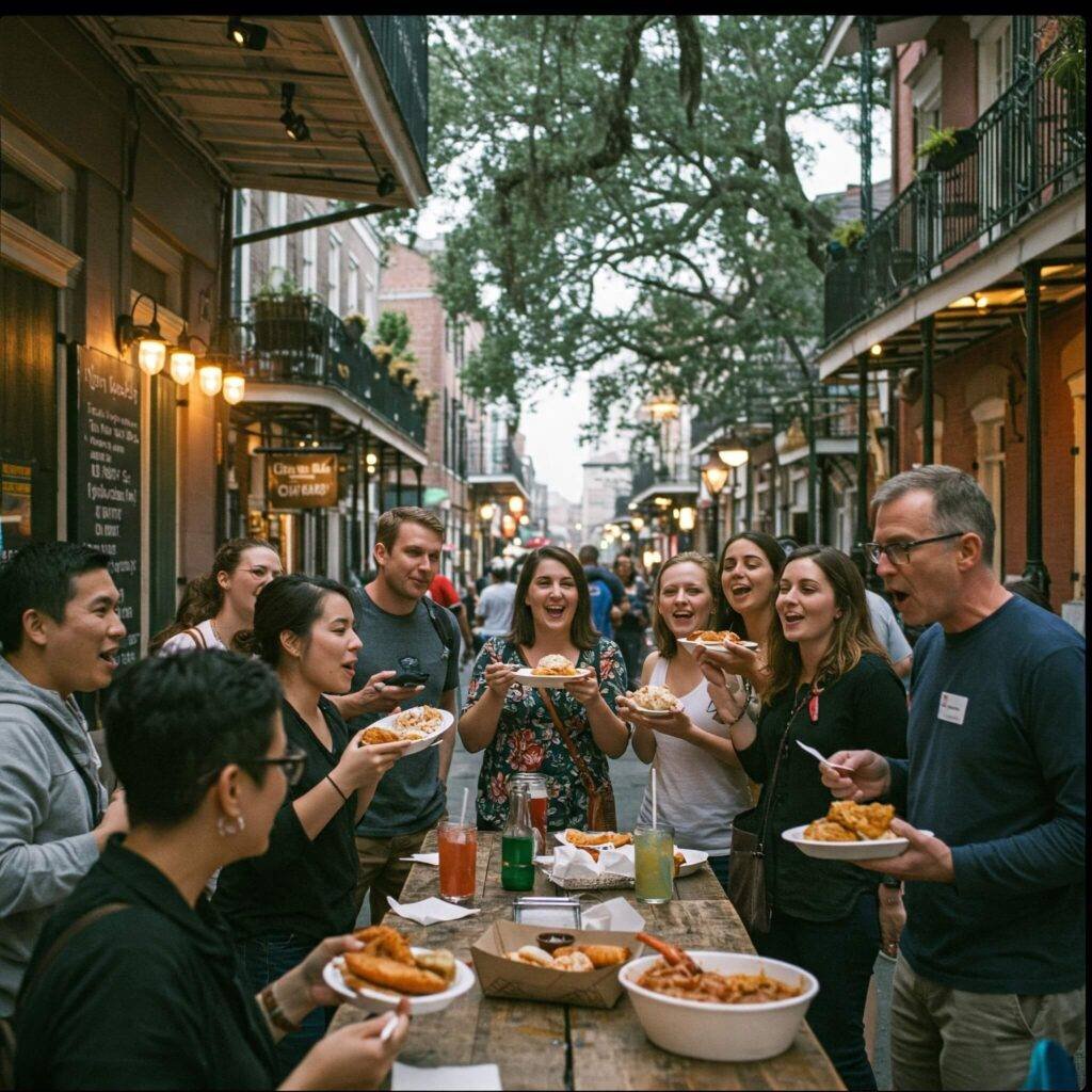 New Orleans food tour guests excitedly tasting local dishes