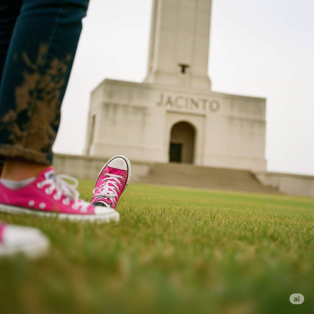 San Jacinto Monument base with kid's shoes and muddy jeans