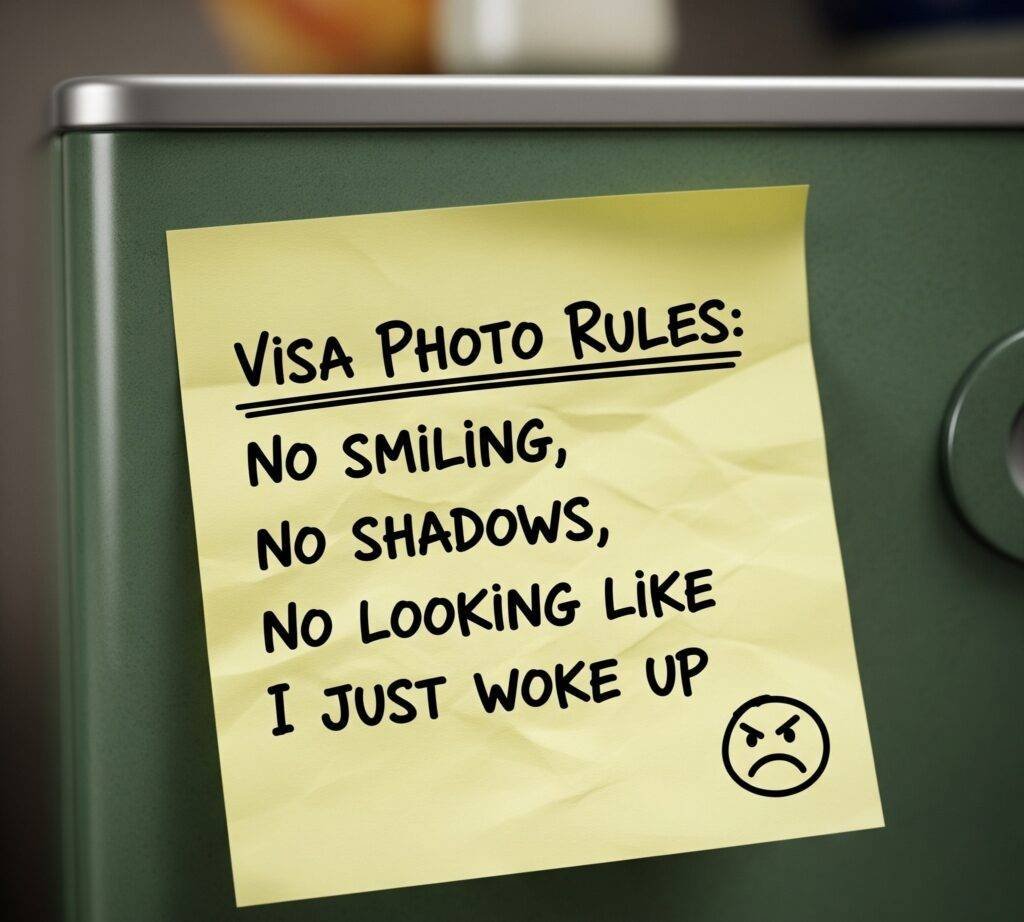 Crumpled sticky note with visa photo rules on fridge