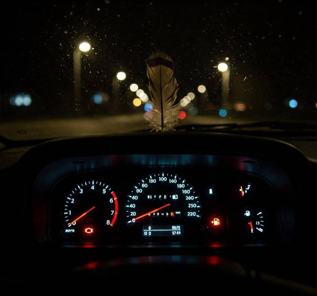 Car dashboard at night with the gas light on and a feather on the windshield