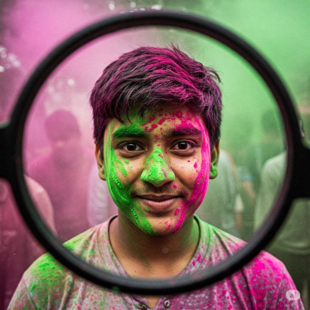Green powder covers face at Holi festival