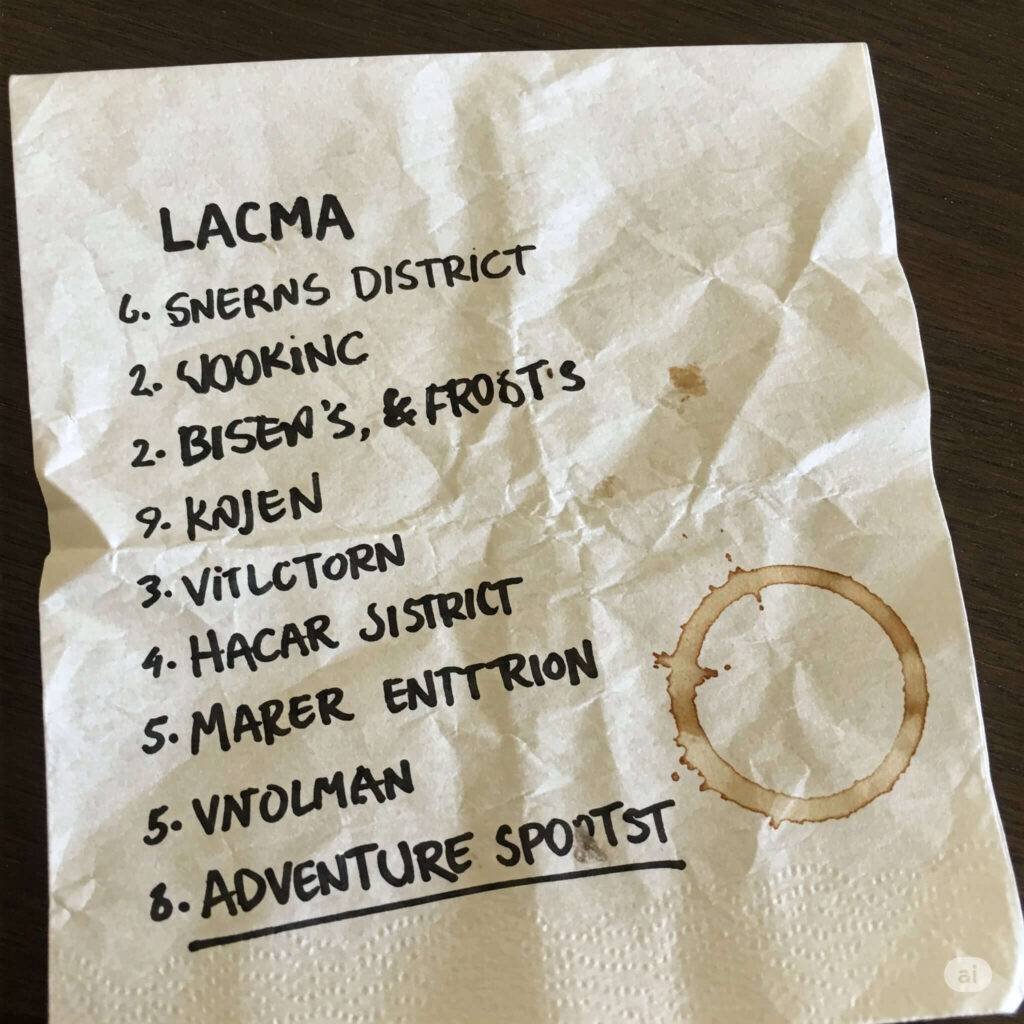 LA art spots on a coffee-stained napkin