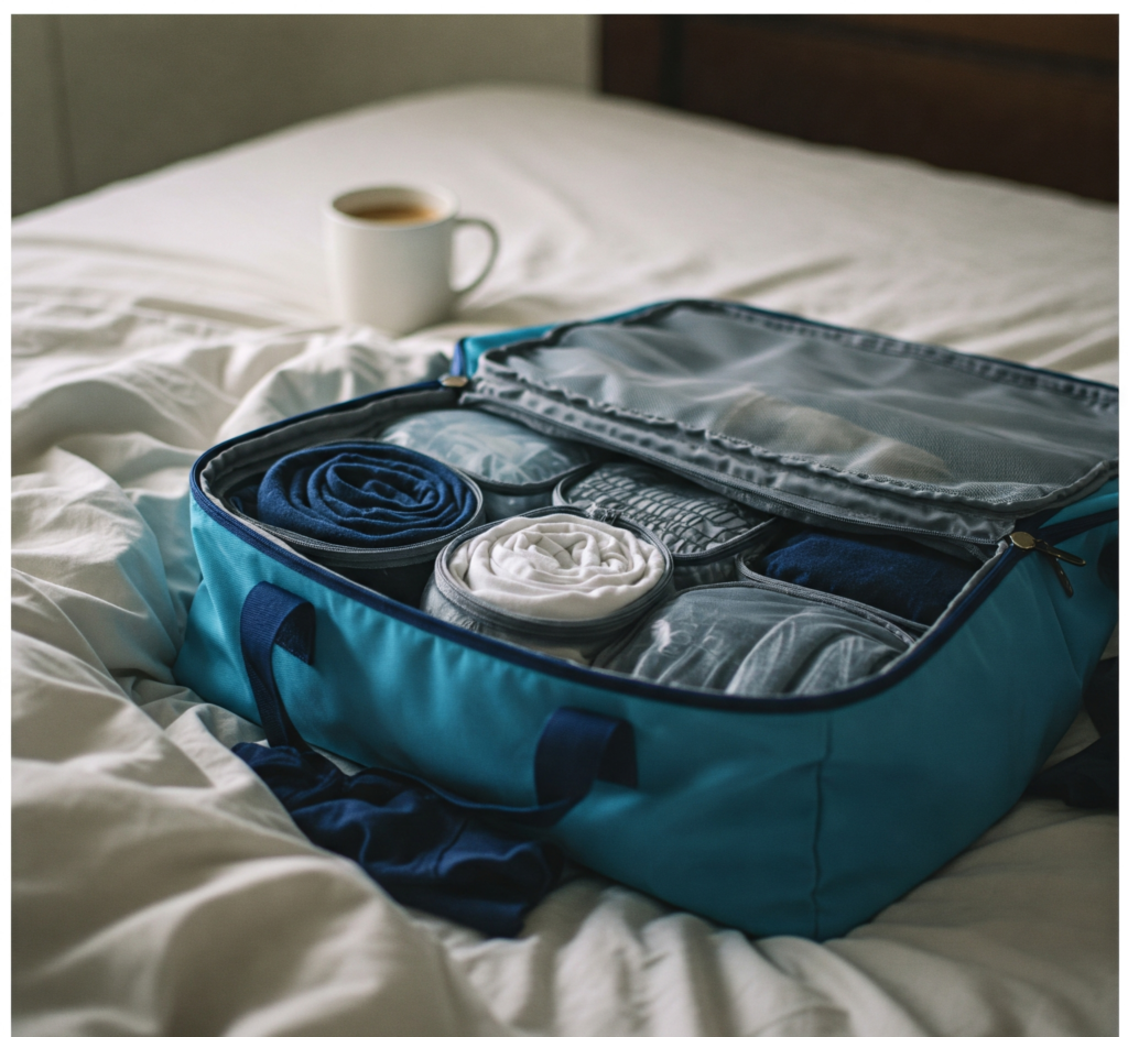Carry-on bag, sock, and travel essentials on a bed