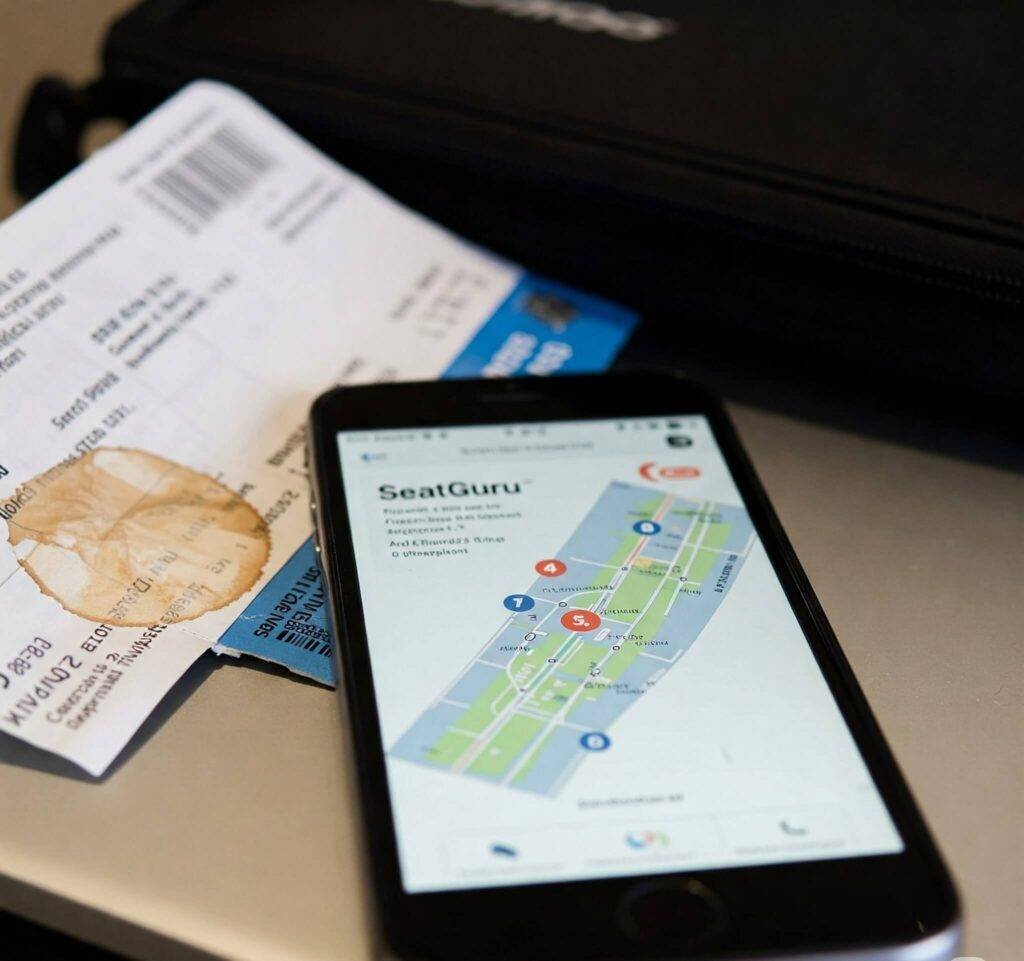 Seat map on phone with crumpled, coffee-stained boarding pass