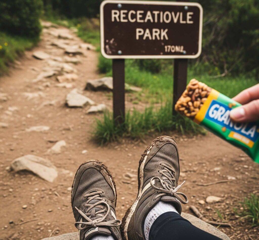 Muddy sneakers on a trail