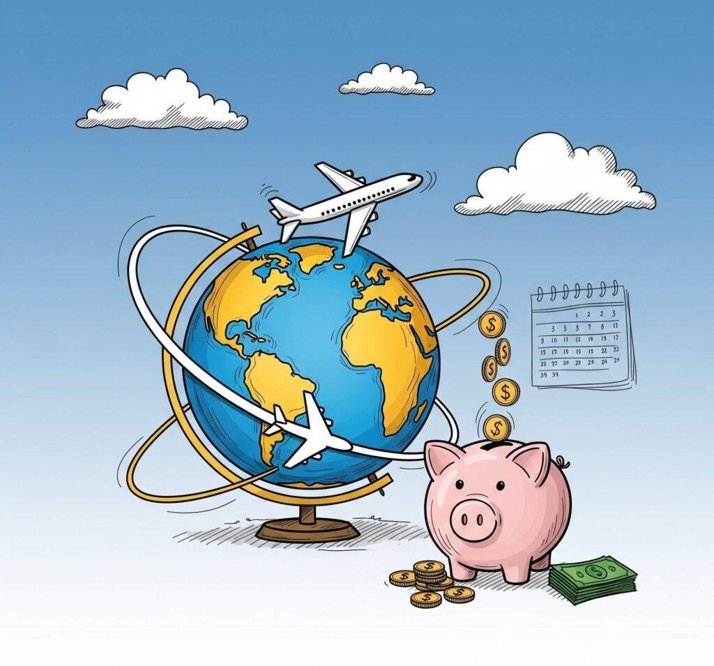 Globe, plane, and savings image for travel planning