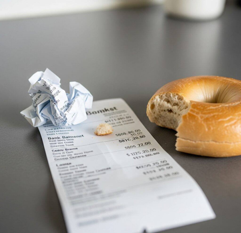 Crumpled bank statement, low balance, kitchen counter