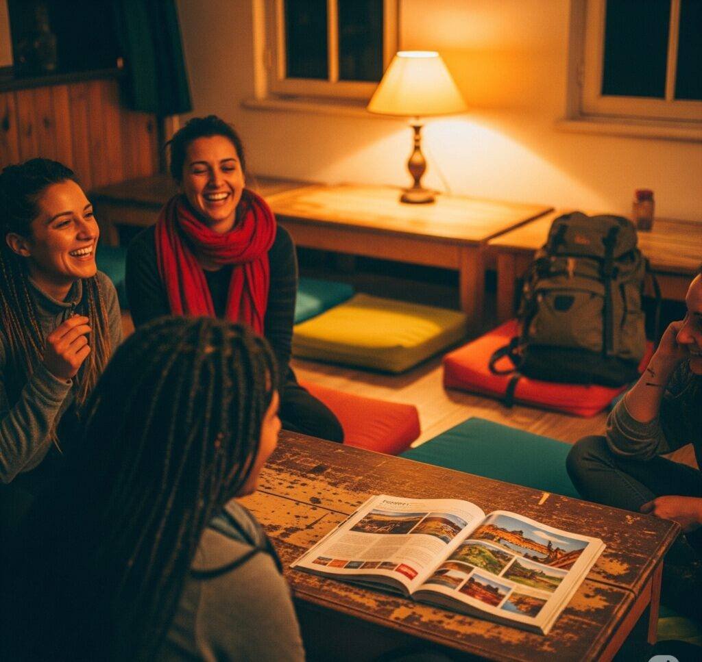 Women travelers laughing in a hostel common room