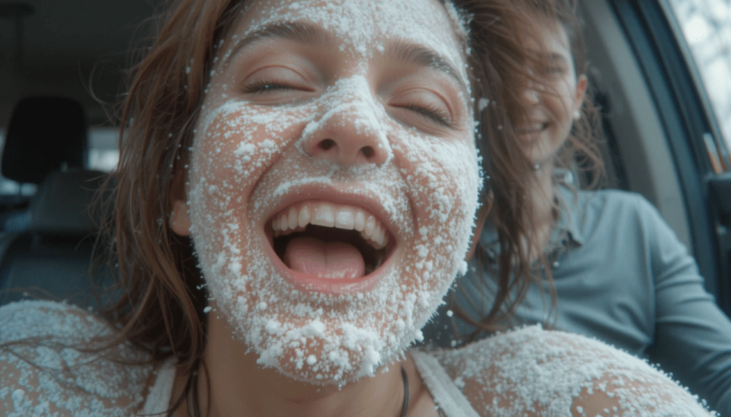 selfie of me mid-praline coma, powdered sugar all over my face, guide laughing in the background.
