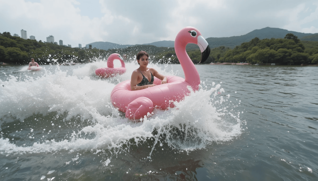 same chaotic paddleboard wipeout with the runaway flamingo floatie