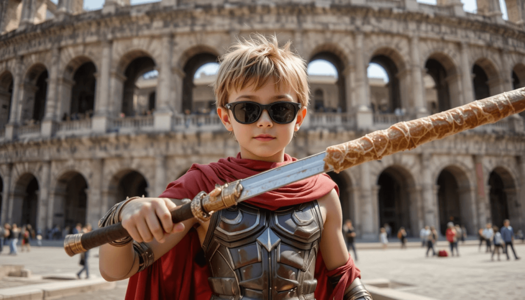 my kid dramatically posing like a gladiator in front of the colosseum while wearing spider-man sunglasses and holding a nutella crepe like a sword. caption: “learning”