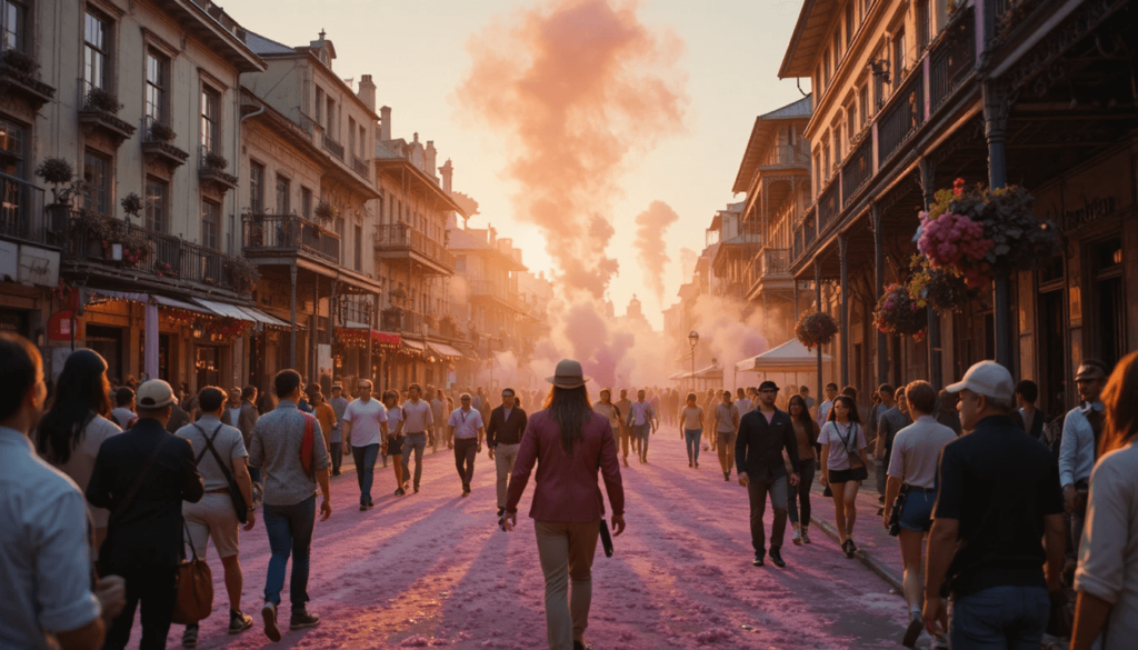 same chaotic, powdered-sugar-dusted, golden-hour French Quarter scene as before