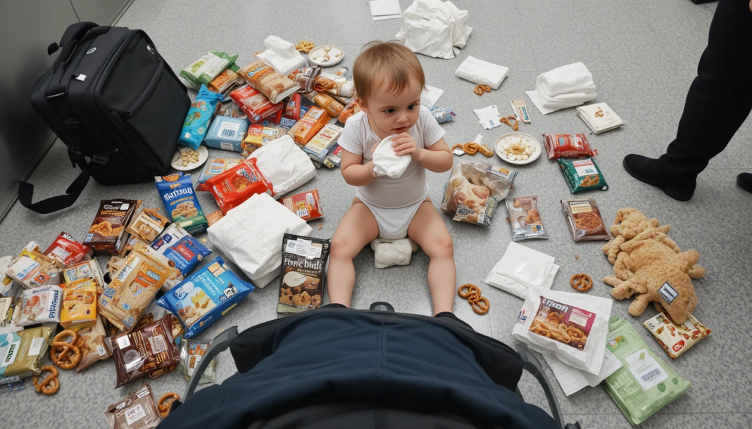 three extra kid shirts, painter’s tape, tablets buried under fruit pouches, one adult sock because balance. caption: “minimalism is dead”