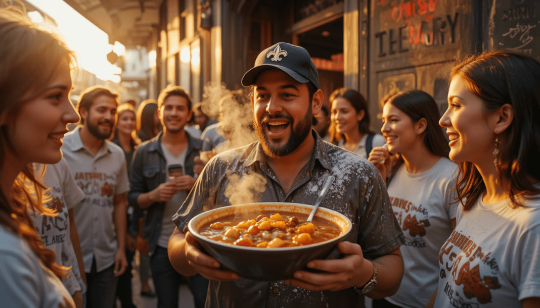 a slightly sweaty guide in a Saints cap holding a steaming bowl of gumbo