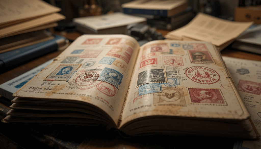 My passport open to page with Thailand & Georgia stamps, bad lighting, my thumb partially covering date