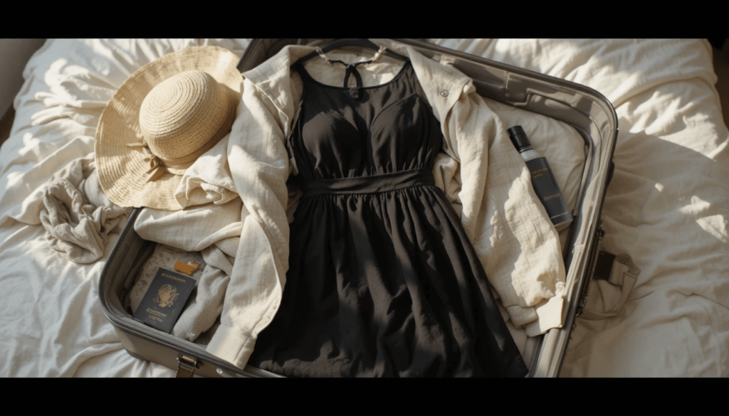 Open suitcase on a bed—black dress half-folded, linen shirt draped over the edge